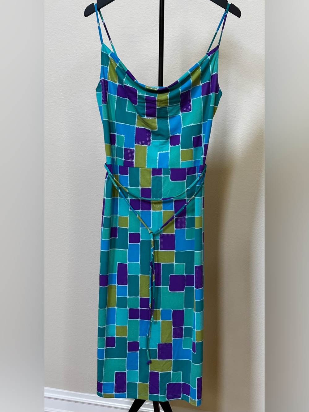Y2K Teal Purple Blue Block Print dress